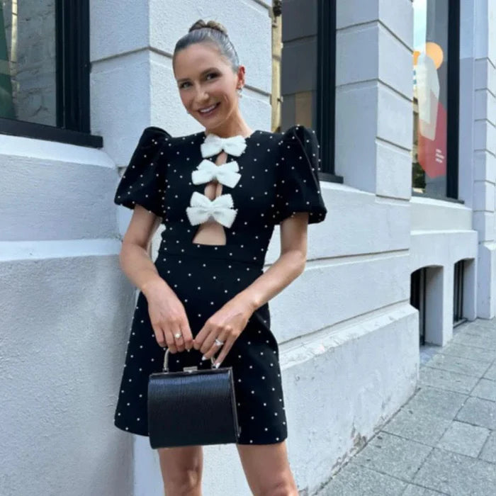 Embellished Short Pearl Bow knot Mini Dress